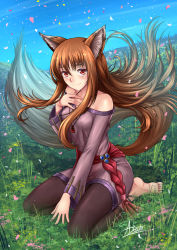 Rule 34 | 1girl, adsouto, animal ears, barefoot, blush, breasts, brown hair, capri pants, comic, highres, holo, long hair, looking at viewer, medium breasts, orange hair, pants, red eyes, smile, solo, spice and wolf, tail, wolf ears, wolf girl, wolf tail