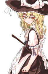 Rule 34 | 1girl, ?, blonde hair, blush, bow, breasts, broom, colored eyelashes, dress, from above, from side, green bow, hat, hat bow, highres, kirisame marisa, looking at viewer, mukkushi, nipples, sash, simple background, small breasts, solo, sweatdrop, touhou, white background, yellow eyes