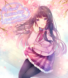 Rule 34 | 1girl, :d, azu torako, black hair, black pantyhose, blazer, blurry, blurry background, blurry foreground, blush, bow, breasts, brown eyes, brown hair, cherry blossoms, collared shirt, depth of field, dress shirt, english text, feet out of frame, frilled skirt, frills, hair ribbon, hand up, heart, jacket, long hair, looking at viewer, medium breasts, official art, open mouth, original, pantyhose, petals, pink jacket, pink ribbon, pink skirt, plaid, plaid skirt, pleated skirt, red bow, ribbon, school uniform, shirt, sitting, skirt, smile, solo, speech bubble, translation request, very long hair, white shirt