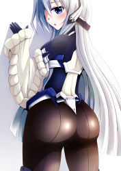 Rule 34 | 1girl, absurdres, against wall, android, armor, ass, blue eyes, blush, bodysuit, female focus, from behind, highres, horizon ariadust, kyoukaisenjou no horizon, leotard, long hair, looking at viewer, morisoba no heya, open mouth, pantyhose, silver hair, solo, thong, thong leotard, very long hair