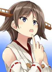 Rule 34 | 10s, 1girl, artist name, bare shoulders, blue background, blue eyes, brown hair, commentary request, dated, detached sleeves, finger to own chin, gradient background, headgear, hiei (kancolle), hiei kai ni (kancolle), highres, kamelie, kantai collection, looking up, nontraditional miko, one-hour drawing challenge, ribbon-trimmed sleeves, ribbon trim, short hair, solo, sweatdrop, wide sleeves