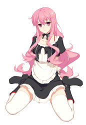 Rule 34 | 1girl, apron, bad id, bad pixiv id, black footwear, boots, bow, choker, curly hair, highres, icarus (artist), long hair, looking at viewer, louise francoise le blanc de la valliere, maid, pink eyes, pink hair, sitting, smile, solo, thighhighs, very long hair, waist apron, wariza, white background, white thighhighs, zero no tsukaima, zettai ryouiki