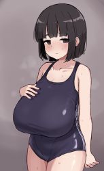 Rule 34 | 1girl, black hair, black one-piece swimsuit, blue one-piece swimsuit, blush, breasts, highres, huge breasts, looking at viewer, one-piece swimsuit, oppai loli, original, simple background, solo, steaming body, striped clothes, striped one-piece swimsuit, swimsuit, tagme, thighs, tozaumo, vertical-striped clothes, vertical-striped one-piece swimsuit