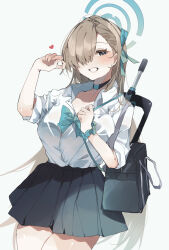 Rule 34 | 1girl, absurdres, assault rifle, asuna (blue archive), bag, black skirt, blue archive, blue bow, blue bowtie, blue eyes, blue ribbon, blue scrunchie, bow, bowtie, breasts, bullpup, choker, collared shirt, dress shirt, famas, gun, gun on back, hair over one eye, hair ribbon, heart, higa (gominami), highres, large breasts, light brown hair, long hair, looking at viewer, miniskirt, pleated skirt, ribbon, rifle, school uniform, scrunchie, shirt, shirt tucked in, shoulder bag, simple background, skirt, sleeves rolled up, solo, very long hair, weapon, weapon on back, white background, white shirt, wrist scrunchie