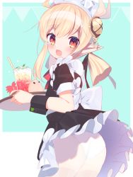 Rule 34 | 1girl, ahoge, alternate costume, artist request, ass, blonde hair, blush, from behind, genshin impact, hair ornament, headdress, klee (genshin impact), long hair, looking at viewer, low twintails, maid, maid headdress, open mouth, panties, panties under pantyhose, pantyhose, pointy ears, red eyes, skirt, solo, twintails, underwear, white pantyhose