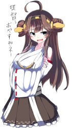 Rule 34 | 10s, 1girl, ahoge, bad id, bad pixiv id, bare shoulders, breast hold, breasts, brown hair, double bun, grey eyes, hair bun, hairband, kantai collection, kongou (kancolle), long hair, nontraditional miko, open mouth, smile, solo, tenken (gotannda), translation request