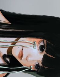 Rule 34 | 1girl, ;|, aniyu, black hair, close-up, crying, hand on own face, highres, long hair, looking to the side, original, ribbon, simple background, solo, tears
