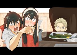 Rule 34 | 1girl, 2boys, angry, arms around neck, black hair, blonde hair, blood, blood on face, blue eyes, brother and sister, chair, child, cup, drinking glass, food, fork, hairband, highres, meme, multiple boys, open mouth, plate, pointing, red eyes, red sweater, shiftystorm, shouting, siblings, sidelocks, spy x family, sweatdrop, sweater, table, twilight (spy x family), wavy hair, white hairband, wide-eyed, woman yelling at cat (meme), yor briar, yuri briar
