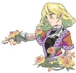 Rule 34 | 1girl, arm warmers, blonde hair, flower, highres, looking away, mizuhashi parsee, outstretched arm, outstretched hand, parted lips, plant, pointy ears, rose, scarf, shirane koitsu, short sleeves, solo, touhou, vines, white background, yellow flower, yellow rose