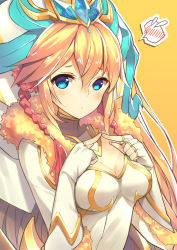 Rule 34 | 1girl, blonde hair, blue eyes, blush, breasts, cleavage, diamond (shape), dress, fingerless gloves, fingers together, flying sweatdrops, fur trim, gloves, headdress, highres, horns, index fingers together, long hair, looking at viewer, moriki, pom pom (clothes), puzzle &amp; dragons, sakuya (p&amp;d), simple background, solo, speech bubble, spoken blush, spoken flying sweatdrops, very long hair, yellow background