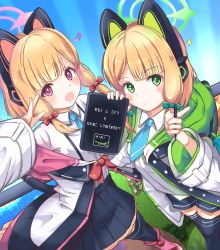 Rule 34 | 2girls, absurdres, animal ear headphones, animal ears, blonde hair, blue archive, blush, cat ear headphones, commentary request, drawing tablet, fake animal ears, green eyes, hair ribbon, halo, headphones, highres, jacket, looking at viewer, makina9696, midori (blue archive), momoi (blue archive), multiple girls, necktie, open mouth, red eyes, ribbon, school uniform, siblings, simple background, sisters, stylus, translation request, twins