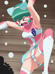 Rule 34 | &gt; &lt;, 1girl, arm up, armpits, blush stickers, calen (time bokan), covered collarbone, from above, from side, green hair, halterneck, haruyama kazunori, indoors, legs apart, leotard, miniskirt, open mouth, pain, pencil skirt, pink thighhighs, see-through, see-through skirt, short hair, skirt, sleeveless, solo, spread legs, standing, standing on one leg, teeth, thighhighs, time bokan (series), time bokan 24, upper teeth only, v-shaped eyebrows