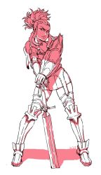 Rule 34 | 1girl, armor, armored dress, dress, fire emblem, fire emblem awakening, flavia (fire emblem), greaves, kinuko (kinucakes), monochrome, nintendo, planted, planted sword, planted weapon, ponytail, short dress, sidelocks, sketch, solo, standing, sword, thighhighs, weapon