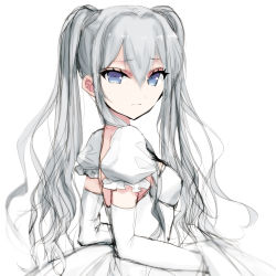 Rule 34 | 1girl, absurdres, bad id, bad pixiv id, blue eyes, breasts, commentary, detached sleeves, dress, grey hair, hair between eyes, highres, juliet sleeves, long hair, long sleeves, looking at viewer, misteor, original, puffy sleeves, solo, twintails, white background, white dress