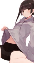 Rule 34 | 1girl, bike shorts, blunt bangs, blush, brown eyes, brown hair, closed mouth, clothes lift, grey jacket, highres, hiroki (yyqw7151), jacket, jacket lift, lifting own clothes, long sleeves, looking at viewer, original, simple background, solo, thighs, white background
