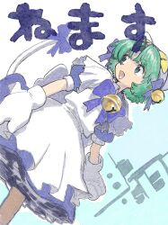 Rule 34 | 1girl, animal hat, apron, bell, blue bow, blue bowtie, blue dress, bow, bowtie, cat hat, cat tail, colored pencil (medium), dejiko, di gi charat, dress, dutch angle, fang, feet out of frame, frilled apron, frills, green eyes, green hair, gundam (vxrwvww), hair bell, hair bow, hair ornament, hat, highres, jingle bell, looking ahead, looking to the side, maid apron, mittens, neck bell, open mouth, parted bangs, puffy short sleeves, puffy sleeves, short hair, short sleeves, smile, solo, tail, tail bow, tail ornament, traditional media, translated, waist bow, white apron, white bow, white mittens