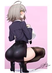 Rule 34 | 1girl, ahoge, alternate costume, ass, black jacket, black necktie, black thighhighs, blush, breasts, closed mouth, commentary request, fate/grand order, fate (series), from behind, full body, grey hair, hands on own chest, high heels, highres, j.k., jacket, jeanne d&#039;arc (fate), jeanne d&#039;arc alter (avenger) (fate), jeanne d&#039;arc alter (fate), large breasts, looking at viewer, looking back, miniskirt, necktie, office lady, open clothes, open jacket, pencil skirt, pink background, profile, shirt, short hair, side slit, signature, simple background, skirt, solo, spread legs, squatting, thighhighs, white shirt