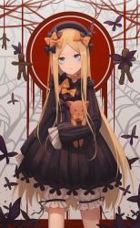 Rule 34 | 1girl, abigail williams (fate), ain (3990473), animal, black bow, black dress, black hat, blonde hair, bloomers, blue eyes, bow, bug, butterfly, closed mouth, commentary request, cowboy shot, dress, fate/grand order, fate (series), forehead, hair bow, hat, headphones, highres, hugging object, insect, long hair, long sleeves, looking at viewer, noose, orange bow, parted bangs, polka dot, polka dot bow, sleeves past wrists, solo, stuffed animal, stuffed toy, teddy bear, underwear, v-shaped eyebrows, very long hair, voodoo doll, white bloomers