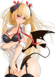 Rule 34 | 1girl, bat wings, black bow, black bra, black panties, black thighhighs, blonde hair, blush, bow, bra, breasts, cleavage, collared shirt, contrapposto, cowboy shot, demon girl, demon horns, demon tail, demon wings, eyebrows, eyelashes, fingernails, garter belt, hair ribbon, hand on own arm, head tilt, highres, holding own arm, horns, lace, large breasts, lips, looking at viewer, maru-pen, mouth hold, neck ribbon, no pants, open clothes, open shirt, original, panties, purple eyes, red ribbon, ribbon, ribbon in mouth, shadow, sharp fingernails, shirt, simple background, sleeves rolled up, solo, standing, tail, thighhighs, two side up, underwear, untied, weapon, white background, white shirt, wings