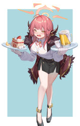 Rule 34 | 1girl, absurdres, ahoge, alcohol, aru (blue archive), beer, beer mug, black footwear, black skirt, blue archive, blush, breasts, brown coat, brown horns, cake, cake slice, coat, coat on shoulders, cup, demon horns, food, fruit, full body, fur-trimmed coat, fur trim, halo, highres, holding, holding tray, horns, large breasts, long hair, long sleeves, looking at viewer, luai, mug, open mouth, pencil skirt, pink hair, pink halo, shirt, shoes, skirt, solo, strawberry, tray, white shirt, yellow eyes