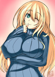 Rule 34 | 10s, 1girl, alternate costume, atago (kancolle), blonde hair, blush, breasts, green eyes, kantai collection, large breasts, long hair, looking at viewer, personification, ribbed sweater, smile, solo, sweater, takeda aranobu, wink