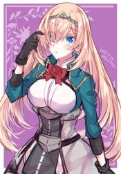 Rule 34 | 1girl, black gloves, blonde hair, blush, corset, dated, dress, gloves, green jacket, hair between eyes, jacket, kabocha torute, kantai collection, long hair, long sleeves, one-hour drawing challenge, open mouth, pink background, revision, solo, tiara, twitter username, victorious (kancolle), white background, white dress