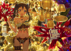 Rule 34 | 10s, 1girl, \m/, bare shoulders, bikini, black hair, blush, bracelet, brown bikini, choker, commentary request, dan evan, facial mark, frilled bikini, frills, hair ornament, jewelry, lantern, long hair, looking at viewer, love live!, love live! school idol project, nail polish, navel, necklace, open mouth, red eyes, smile, solo, swimsuit, thigh strap, tiara, twintails, yazawa nico