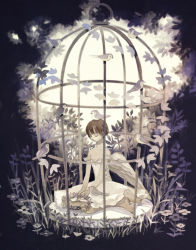 Rule 34 | 1girl, angel wings, animal, barefoot, bird, birdcage, brown hair, cage, closed eyes, dress, flower, grass, head wreath, head wreath removed, holding, leaf, original, plant, short hair, sitting, solo, strapless, strapless dress, tono (rt0no), white dress, wings