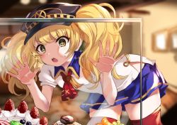 Rule 34 | + +, 1girl, black hat, blonde hair, blurry, blurry background, brown thighhighs, cake, commentary request, food, fruit, glass container, hand on glass, hands against glass, hat, highres, kerchief, maou (maoudaisukiya), miniskirt, monika weisswind, open mouth, pastry, princess connect!, red thighhighs, short twintails, skirt, solo, strawberry, thighhighs, twintails