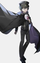 Rule 34 | 1boy, absurdres, black cape, black footwear, black hair, black hat, black pants, brown eyes, cape, commentary request, cosplay, danganronpa (series), danganronpa v3: killing harmony, full body, gloves, green eyes, grey background, hair between eyes, hand up, hat, highres, holding, holding mask, huyuharu0214, jacket, looking at viewer, looking to the side, male focus, mask, oma kokichi, oma kokichi (cosplay), pants, peaked cap, saihara shuichi, shoes, solo, striped clothes, striped jacket, striped pants, unworn mask