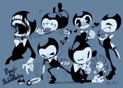 Rule 34 | 1boy, agen chiita, bendy, bendy and the ink machine, blue background, blue theme, bow, bowtie, character sheet, copyright name, gloves, own hands clasped, heart, heart-shaped pupils, ink, male focus, monochrome, multiple views, own hands together, pac-man eyes, symbol-shaped pupils, teeth, tongue, tongue out, white gloves