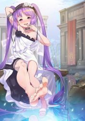 Rule 34 | 1girl, absurdly long hair, arm behind head, bare shoulders, barefoot, black ribbon, blush, bracelet, day, dress, euryale (fate), fate/grand order, fate/hollow ataraxia, fate (series), feet, finger to mouth, hairband, highres, jewelry, leg up, legband, lolita hairband, long hair, looking at viewer, open mouth, outdoors, purple eyes, purple hair, reflection, ribbon, sandals, shoes, single sandal, single shoe, sitting, smile, solo, spread toes, suppa (hagakuresuppa), toes, very long hair, white dress