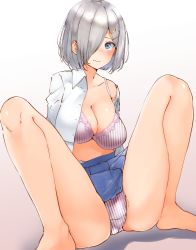 Rule 34 | 1girl, blue eyes, blue skirt, blush, bra, breasts, cleavage, clothes lift, collarbone, gradient background, hair over one eye, hamakaze (kancolle), hechi (hechi322), highres, kantai collection, large breasts, looking at viewer, nose blush, open clothes, open shirt, panties, pleated skirt, purple bra, purple panties, short hair, silver hair, sitting, skirt, skirt lift, solo, striped bra, striped clothes, striped panties, underwear