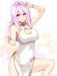 Rule 34 | 1girl, arm up, bare shoulders, blush, breasts, china dress, chinese clothes, cleavage, cleavage cutout, clothing cutout, covered navel, cu-no, dress, fighting stance, hisen kaede, kikyou-0423, large breasts, long hair, looking at viewer, open mouth, pink hair, purple eyes, sketch, sleeveless, sleeveless dress, solo, standing, standing on one leg, yayoi sakura