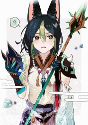Rule 34 | 1boy, animal ear fluff, animal ears, arm guards, arm tattoo, armor, asymmetrical clothes, bead necklace, beads, black hair, blunt ends, blush, commentary request, cosplay, d:, detached sleeves, facing viewer, fox boy, fox ears, genshin impact, gloves, green eyes, green gloves, green hair, hair between eyes, highres, holding, holding mask, jewelry, looking at viewer, mask, multicolored hair, necklace, open mouth, paw print, pendant, primordial jade winged-spear (genshin impact), satomemaru, short hair, shoulder armor, shoulder pads, shoulder spikes, single bare shoulder, single detached sleeve, solo, spikes, streaked hair, sweatdrop, tassel, tattoo, tighnari (genshin impact), two-tone hair, wide sleeves, xiao (genshin impact), xiao (genshin impact) (cosplay)