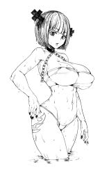 Rule 34 | 1girl, brandish mew, breasts, chain, fairy tail, highres, large breasts, monochrome, simple background, solo, swimsuit, tagme, the golden smurf, wide hips