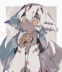 Rule 34 | 1girl, absurdres, animal ears, body fur, closed mouth, commentary, dark-skinned female, dark skin, extra arms, faputa, film grain, goggles, goggles around breasts, goggles around neck, grey hair, hair between eyes, highres, looking at viewer, made in abyss, monster girl, multicolored hair, multiple tails, orange eyes, short hair, solo, soresaki, tail, white fur, white hair, white tail