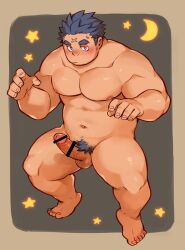 Rule 34 | 1boy, arms up, bar censor, bara, barefoot, black hair, blush, censored, closed mouth, completely nude, erection, foreskin, highres, kuro nezumi inu, male focus, male pubic hair, nipples, nude, original, pectorals, penis, pubic hair, red eyes, scar, scar on face, scar on forehead, staring, sweatdrop, testicles, thick arms, thick eyebrows, thick thighs, thighs, translation request, veins, veiny penis