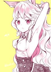 Rule 34 | 10s, 1girl, :o, armpits, bare shoulders, blush, breasts, covered erect nipples, erune, ferry (granblue fantasy), granblue fantasy, long hair, looking at viewer, monochrome, parted lips, pink theme, sakura hanatsumi, sideboob, simple background, sleeveless, small breasts, solo, wavy hair, yellow background