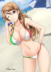 Rule 34 | 10s, 1girl, bare shoulders, beach, beach umbrella, bikini, bottle, breasts, brown hair, cleavage, cloud, day, female focus, flag print, fuuma nagi, hand on own hip, italian flag, italian flag bikini, italy, kantai collection, large breasts, lens flare, littorio (kancolle), long hair, looking at viewer, navel, one eye closed, outdoors, ponytail, print bikini, red eyes, skindentation, sky, smile, solo, sweat, swimsuit, umbrella