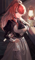 Rule 34 | 1girl, absurdres, breasts, choker, collared shirt, grey eyes, gun, hair over one eye, handgun, highres, holding, holding clothes, holding gun, holding skirt, holding weapon, juliet sleeves, lain paterson, lain paterson (2nd costume), large breasts, long hair, long sleeves, looking at viewer, multicolored hair, nijisanji, official alternate costume, oil lamp, ponytail, puffy sleeves, red hair, revolver, scarf, shirt, skirt, smile, stairs, standing, streaked hair, virtual youtuber, weapon, white shirt, wrist cuffs, yinro