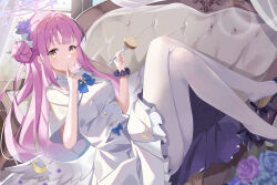 Rule 34 | 1girl, angel wings, black footwear, blue archive, blue bow, blue scrunchie, bow, closed mouth, couch, crossed legs, dress, flower, food, fork, frilled dress, frills, hair bun, hair flower, hair ornament, halo, high heels, highres, holding, holding fork, long hair, looking at viewer, low wings, mika (blue archive), on couch, pantyhose, pink hair, purple flower, scrunchie, serika, single side bun, solo, very long hair, white dress, white pantyhose, wings, wrist scrunchie, yellow eyes