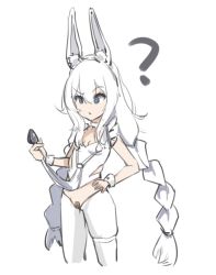Rule 34 | 1girl, :/, ?, animal ear fluff, animal ears, azur lane, bandaid, bandaid on pussy, blue eyes, braid, butt plug, closed mouth, fake animal ears, hairband, le malin (azur lane), le malin (listless lapin) (azur lane), long hair, looking at object, low twin braids, official alternate costume, pantyhose, rabbit ears, sex toy, silver hair, simple background, sketch, solo, standing, thigh strap, twin braids, very long hair, white background, white pantyhose, windup, wrist cuffs