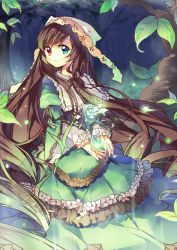 Rule 34 | 00s, 1girl, bad id, bad pixiv id, brown hair, capelet, dress, energy ball, forest, frilled dress, frills, green dress, hat, hat ribbon, heterochromia, juliet sleeves, lights, long hair, long sleeves, nature, pf, puffy sleeves, ribbon, rozen maiden, smile, solo, suiseiseki, very long hair