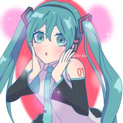 Rule 34 | absurdres, blue eyes, blue hair, fanart digital, hands on own face, hatsune miku, highres, miku day, open mouth, skirt, twintails