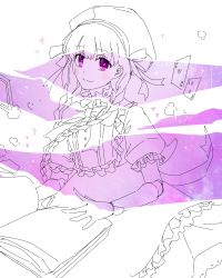 Rule 34 | 10s, 1girl, blush, book, braid, card, dress, fate/extra, fate (series), frilled dress, frills, hat, lineart, long hair, looking at viewer, nursery rhyme (fate), playing card, purple eyes, ribbon, simple background, smile, spot color, twin braids, white background