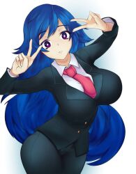 Rule 34 | 1girl, artist request, blue hair, breasts, character request, double v, large breasts, legs, long hair, looking at viewer, necktie, office lady, pants, purple eyes, solo, thick thighs, thighs, v, very long hair, wide hips