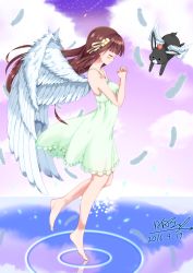 Rule 34 | 1girl, angel wings, animal, anko (gochiusa), bare shoulders, barefoot, blunt bangs, blush, breasts, brown hair, closed eyes, closed mouth, cloud, commentary request, crown, dated, dress, feathers, flower, flying, from side, full body, gochuumon wa usagi desu ka?, green dress, hair flower, hair ornament, highres, hinata tino, interlocked fingers, long hair, medium breasts, mini crown, outdoors, own hands together, rabbit, ribbon, ripples, signature, sky, sleeveless, sleeveless dress, standing, standing on liquid, standing on one leg, star (sky), starry sky, ujimatsu chiya, wings, yellow flower, yellow ribbon