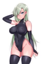 Rule 34 | 10s, 1girl, black thighhighs, blue eyes, blush, breasts, covered erect nipples, earrings, elizabeth liones, hair over one eye, hevn, jewelry, large breasts, leotard, long hair, looking at viewer, nanatsu no taizai, silver hair, simple background, single earring, solo, thighhighs, thighs, white background, wide hips