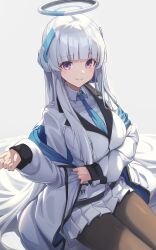 Rule 34 | 1girl, black pantyhose, blue archive, blue necktie, breasts, closed mouth, collared shirt, formal, grey hair, halo, highres, jacket, large breasts, long hair, looking at viewer, mechanical halo, necktie, noa (blue archive), pantyhose, pleated skirt, purple eyes, reulem, shirt, skirt, smile, solo, suit, two-sided fabric, two-sided jacket, white shirt, white skirt